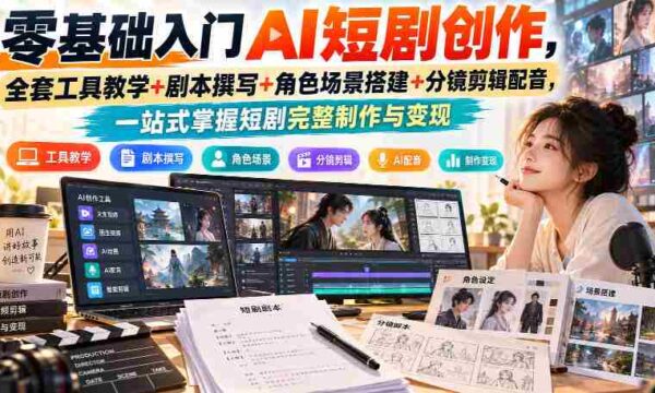 零基础入门AI短剧创作，全套工具教学+剧本撰写+角色场景搭建+分镜剪辑配音，一站式掌握短剧完整制作与变现