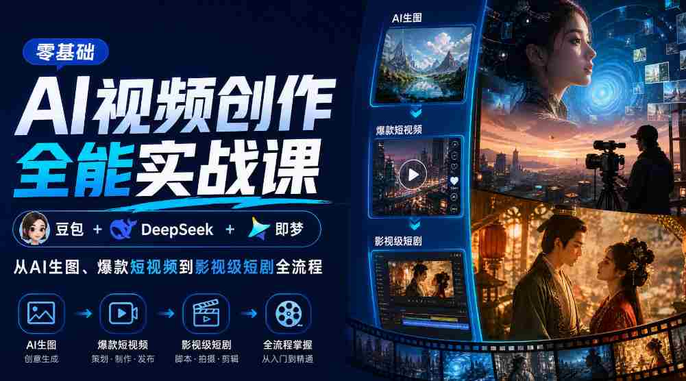 零基础AI视频创作全能实战课｜豆包+DeepSeek+即梦，从AI生图、爆款短视频到影视级短剧全流程