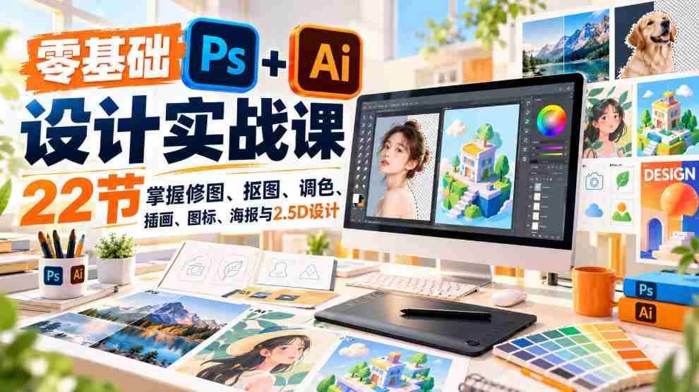 免费】小白也能轻松学会的PS和AI设计课程｜22节课解锁修图、抠图、调色等实用技能