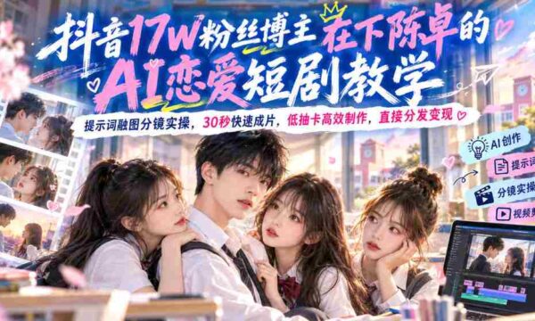 陈卓AI恋爱短剧教程走红抖音，17万粉丝博主揭秘高效融图分镜技巧，30秒速成大片，轻松变现无需高抽卡