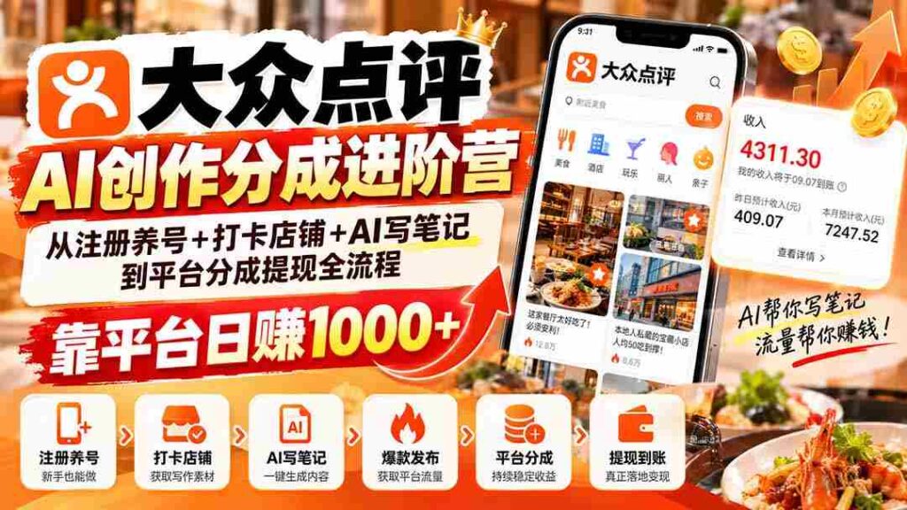 探索大众点评AI创作分成之道：从账号运营到AI笔记撰写，轻松实现平台日入千元的提现之旅