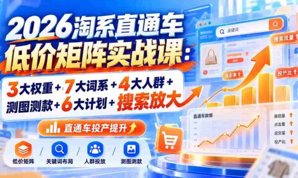 2026年淘系直通车高效策略班：揭秘三大关键权重、七大核心词系、四大精准人群、测图测款技巧、六大优化计划及搜索流量拓展