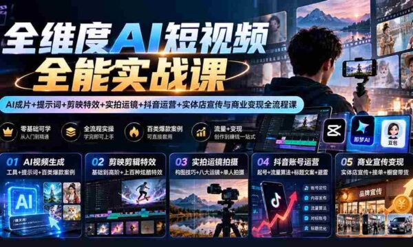 一网打尽】AI短视频制作高手训练营：从AI剪辑到抖音运营，全方位实操教学助力商业变现