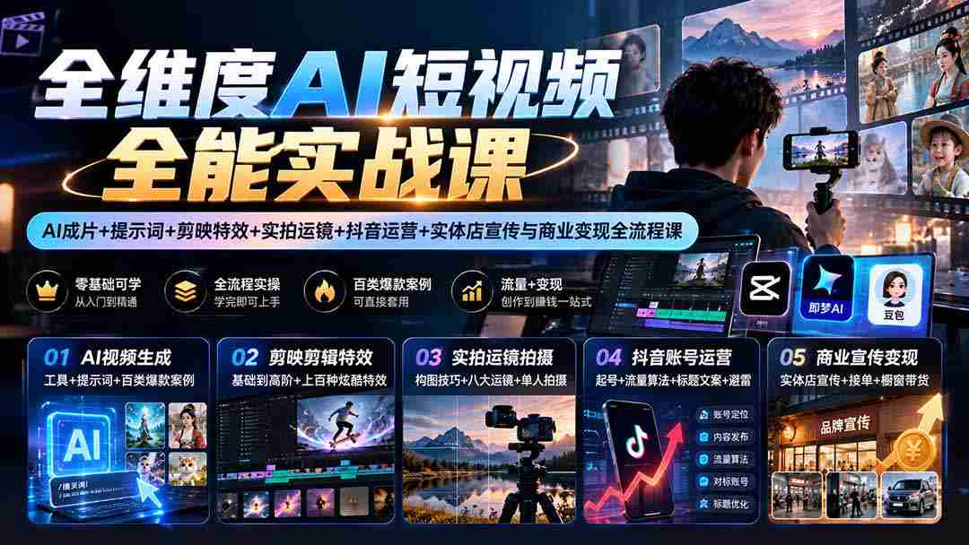 一网打尽】AI短视频制作高手训练营：从AI剪辑到抖音运营，全方位实操教学助力商业变现