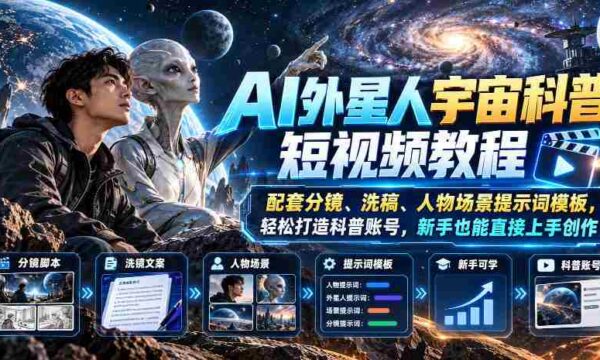 AI外星人宇宙科普短视频教程，配套分镜、洗稿、人物场景提示词模板，轻松打造科普账号，新手也能直接上手创作