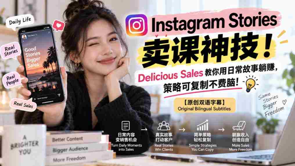 揭秘Instagram Stories课程销售秘诀！Delicious Sales传授轻松日入策略，复制即用，无需费心！【独家双语讲解