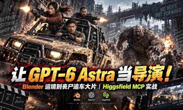 【无水印】让 GPT-6 Astra 当导演！Blender 运镜到丧尸追车大片｜Higgsfield MCP 实战