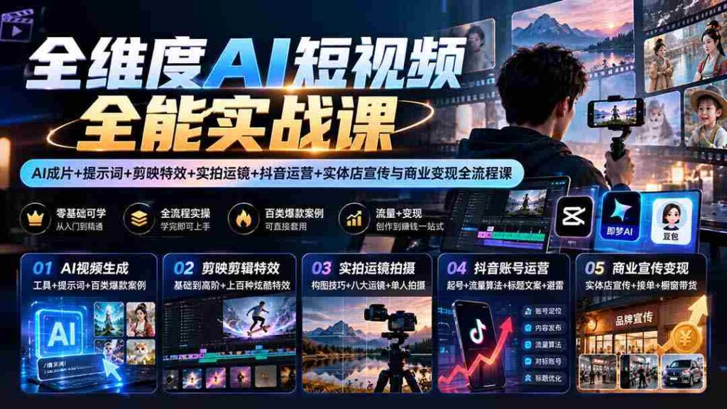 一网打尽】AI短视频制作高手训练营：从AI剪辑到抖音运营，全方位实操教学助力商业变现