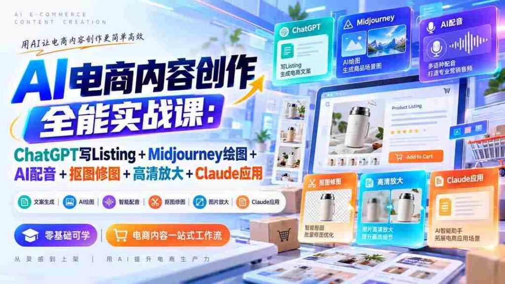 零水印】全方位AI电商内容制作课程：运用ChatGPT撰写商品描述+Midjourney绘制插图+AI配音技术+图像剪辑与修饰+高清图像处理+Claude应用技巧
