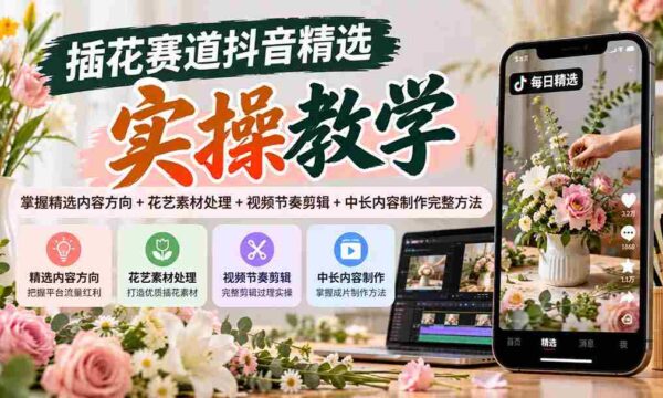 抖音插花教程：解锁内容选优+素材运用+视频剪辑技巧+中长内容创作全攻略