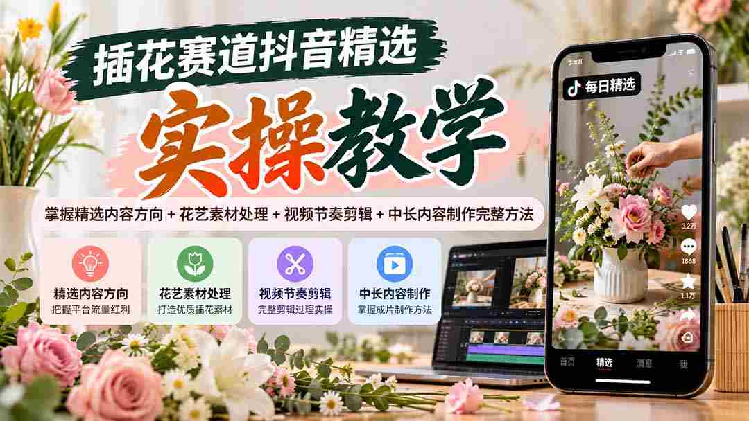 抖音插花教程：解锁内容选优+素材运用+视频剪辑技巧+中长内容创作全攻略
