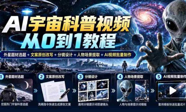 AI宇宙科普视频从0到1教程｜外星题材选题+文案原创改写+分镜设计+人物场景提取+AI视频批量制作