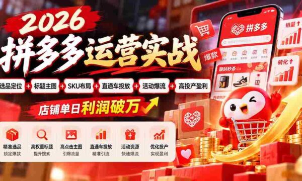2026拼多多实战攻略：精选商品定位与优化，打造爆款标题与主图，SKU布局策略，直通车高效投放，活动引流技巧，实现店铺日利润过万