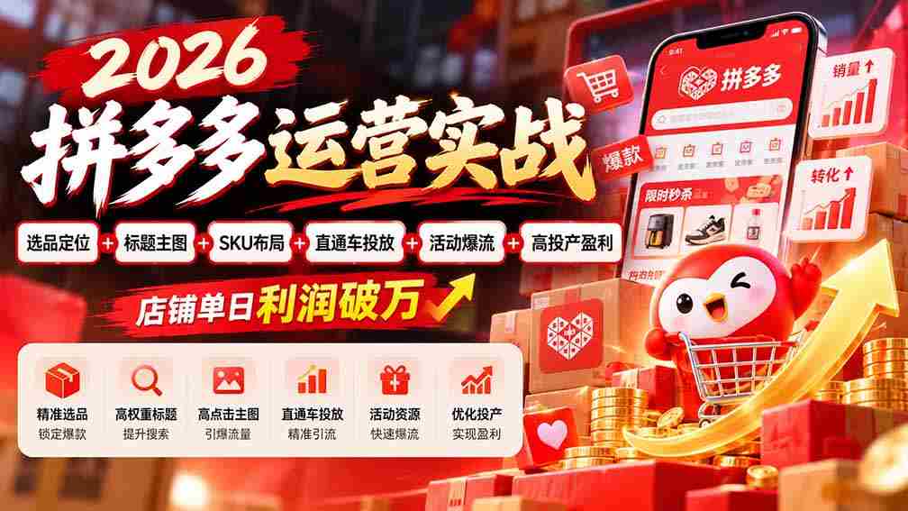 2026拼多多实战攻略：精选商品定位与优化，打造爆款标题与主图，SKU布局策略，直通车高效投放，活动引流技巧，实现店铺日利润过万