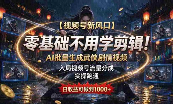 【视频号新风口】零基础不用学剪辑！AI 批量生成武侠剧情视频，入局视频号流量分成，实操跑通，日收益可做到 1000+