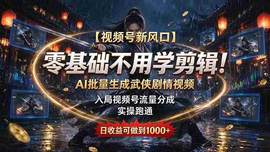 【视频号新风口】零基础不用学剪辑！AI 批量生成武侠剧情视频，入局视频号流量分成，实操跑通，日收益可做到 1000+