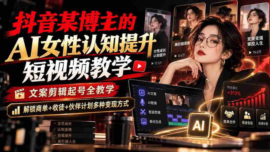 抖音某博主的Ai女性认知提升短视频教学，文案剪辑起号全教学，解锁商单+收徒+伙伴计划多种变现方式