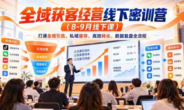 8-9月线下全域营销精英密训，全方位解锁引流、留存、转化与数据复盘之道