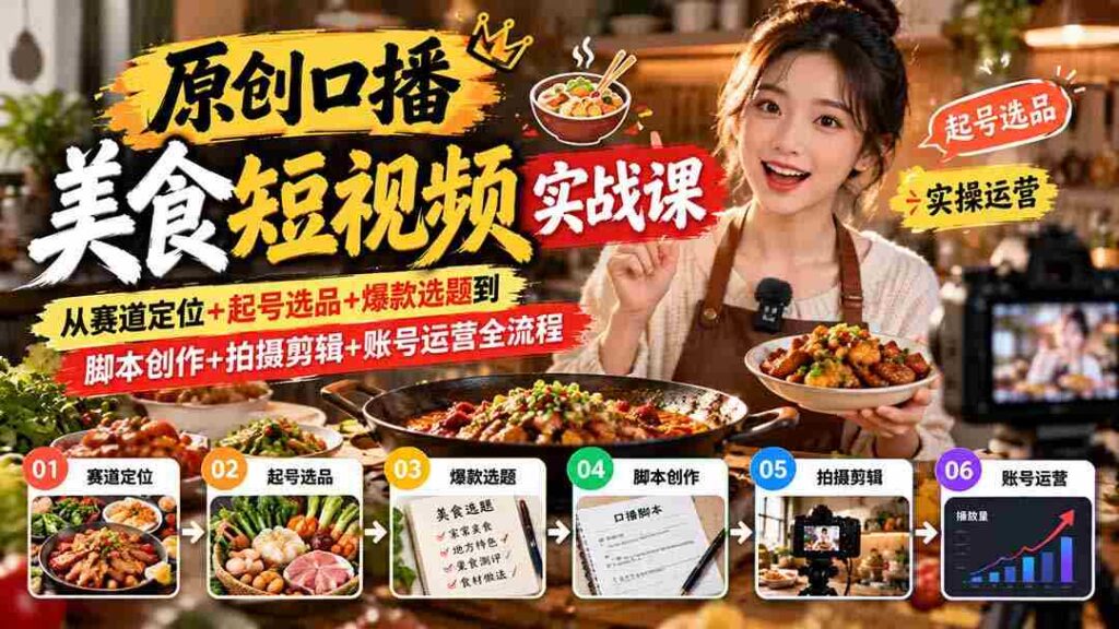 独家揭秘：一课精通美食短视频制作：从找准赛道、精选内容到爆款选题、脚本打磨，全方位指导拍摄剪辑与账号运营技巧