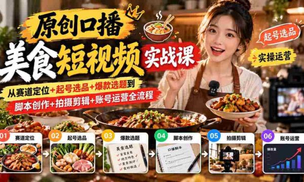独家揭秘：一课精通美食短视频制作：从找准赛道、精选内容到爆款选题、脚本打磨，全方位指导拍摄剪辑与账号运营技巧