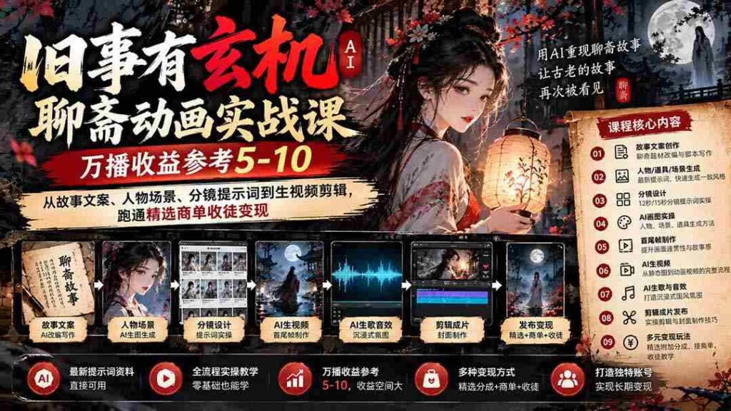揭秘古事神秘面AI版聊斋动画实操课程来袭！9月开课，万播收益预估5-10元，涵盖故事文案、角色场景及分镜制作，助你轻松驾驭精选广告合作与学徒招募