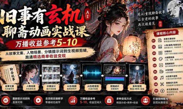 揭秘古事神秘面AI版聊斋动画实操课程来袭！9月开课，万播收益预估5-10元，涵盖故事文案、角色场景及分镜制作，助你轻松驾驭精选广告合作与学徒招募
