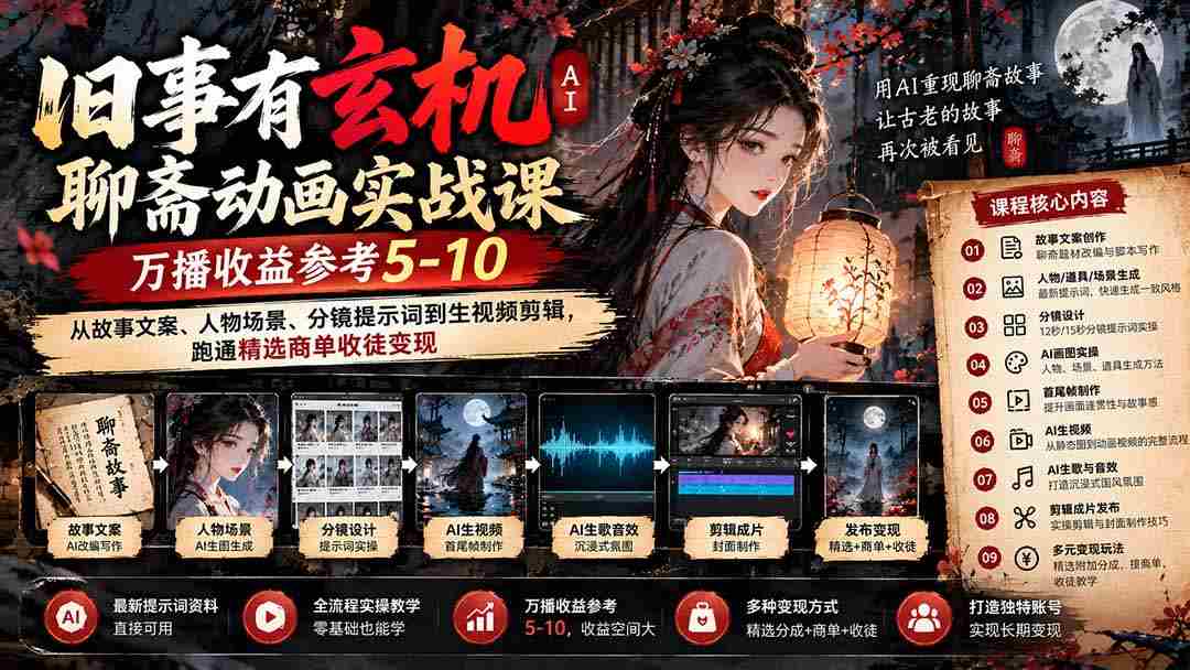 揭秘古事神秘面AI版聊斋动画实操课程来袭！9月开课，万播收益预估5-10元，涵盖故事文案、角色场景及分镜制作，助你轻松驾驭精选广告合作与学徒招募