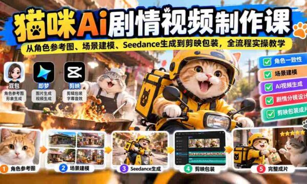 猫咪AI剧情视频制作课：从角色参考图、场景建模、Seedance生成到剪映包装，全流程实操教学