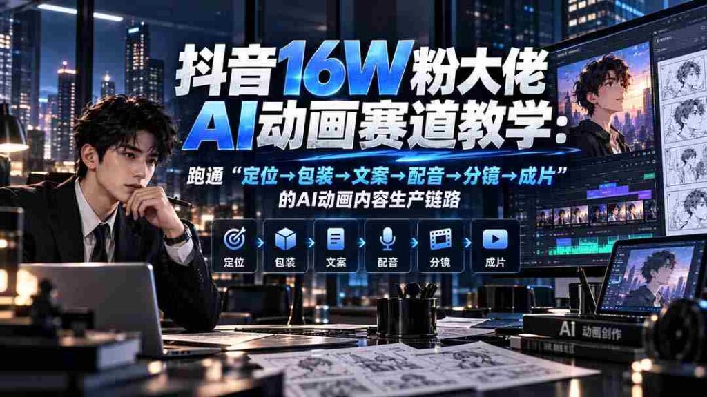 抖音16W粉大佬规则门禁AI动画赛道教学：跑通“定位→包装→文案→配音→分镜→成片”的AI动画内容生产链路