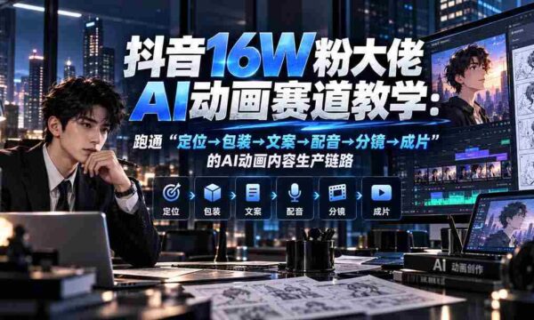 抖音16W粉大佬规则门禁AI动画赛道教学：跑通“定位→包装→文案→配音→分镜→成片”的AI动画内容生产链路