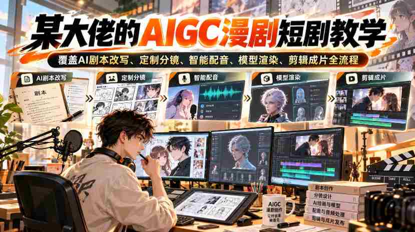 某大佬的AIGC漫剧短剧教学，覆盖AI剧本改写、定制分镜、智能配音、模型渲染、剪辑成片全流程