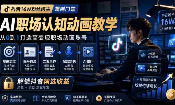 抖音16W粉丝博主规则门禁的AI职场认知动画教学，从赛道定位、账号包装，到文案创作、配音定制、AI成片，解锁抖音精选收益