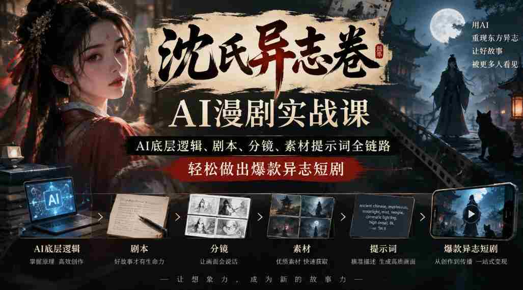 沈氏异志卷AI漫剧实战课｜AI底层逻辑、剧本、分镜、素材提示词全链路，轻松做出爆款异志短剧