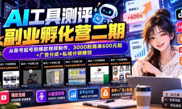 AI工具测评副业孵化营二期：从账号起号到爆款视频制作，3000粉商单600元起+广告分成+私域分销赚钱