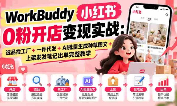 小白创业新攻略：WorkBuddy助力小红书无粉开店，实操指南：选品与工厂对接，一件代发流程，AI图文批量创作，上架笔记实操教学