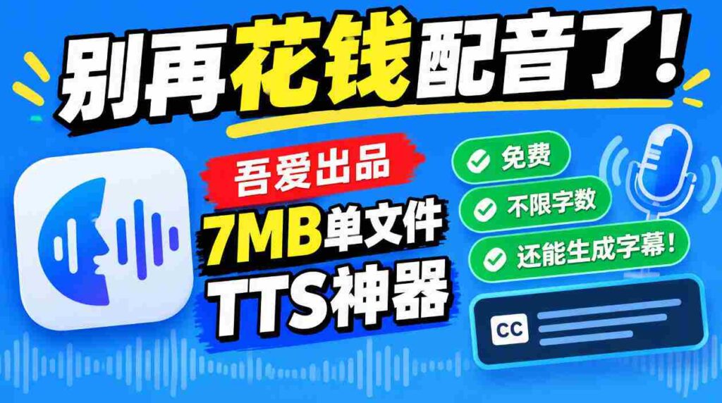 吾爱免费TTS神器问世：告别付费配音，7MB单文件不限字数，字幕同步生成！
