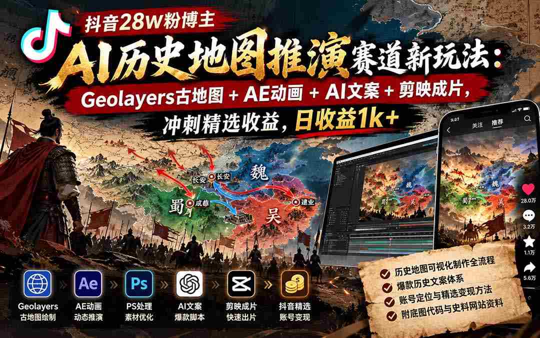 探索抖音AI历史地图创新玩法：Geolayers古地图、AE动画、AI文案融合剪映，28万粉丝博主领跑，日收入突破千元