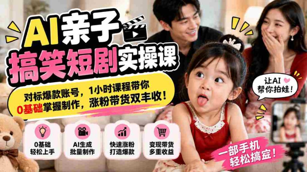 解锁AI亲子喜剧创作秘诀，紧跟热门账号潮流，仅需一小时，从零起步学会短视频制作，粉丝增长与带货双赢攻略！