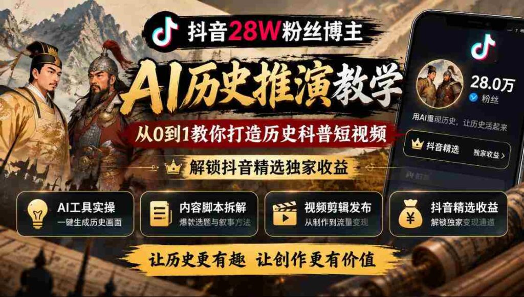揭秘：抖音28万粉丝大V的AI历史分析课堂，零基础教你制作热门历史科普视频，开启抖音收益新篇章