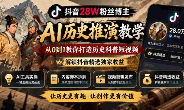 揭秘：抖音28万粉丝大V的AI历史分析课堂，零基础教你制作热门历史科普视频，开启抖音收益新篇章