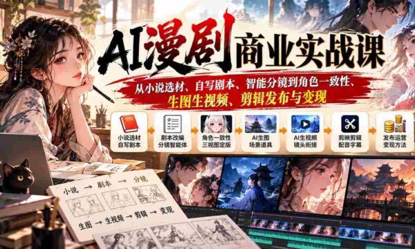 AI漫剧商业实战课：从小说选材、自写剧本、智能分镜到角色一致性、生图生视频、剪辑发布与变现