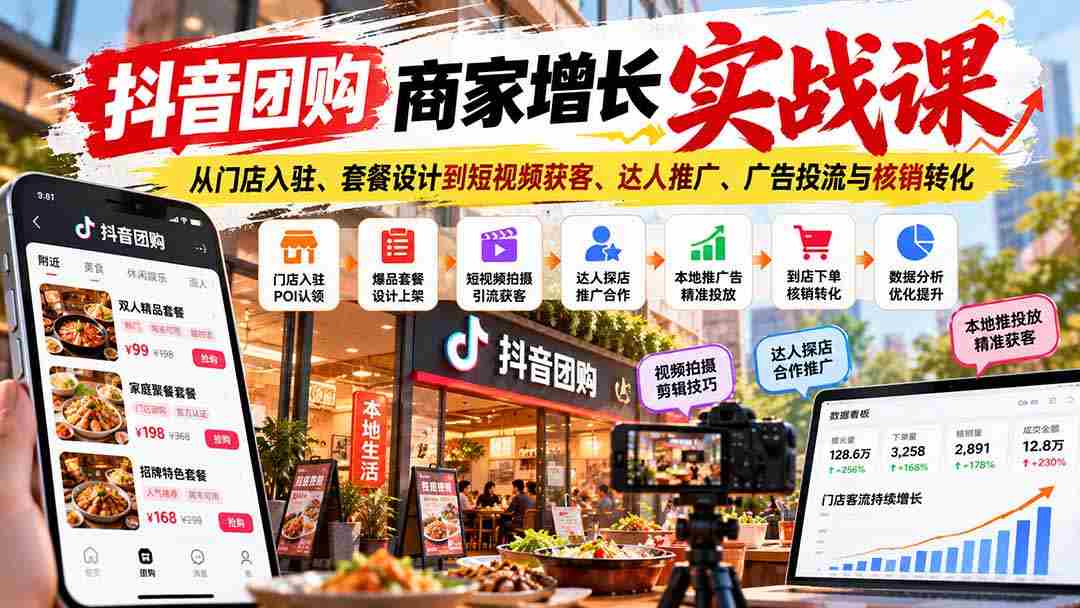 抖音团购商家升级秘籍：涵盖门店入驻技巧、套餐策划、短视频吸粉、网红合作、广告投放及订单核销技巧