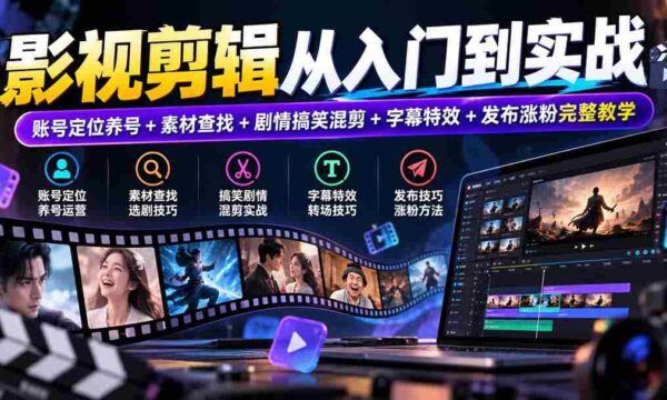 影视剪辑从入门到实战：账号定位养号+素材查找+剧情搞笑混剪+字幕特效+发布涨粉完整教学