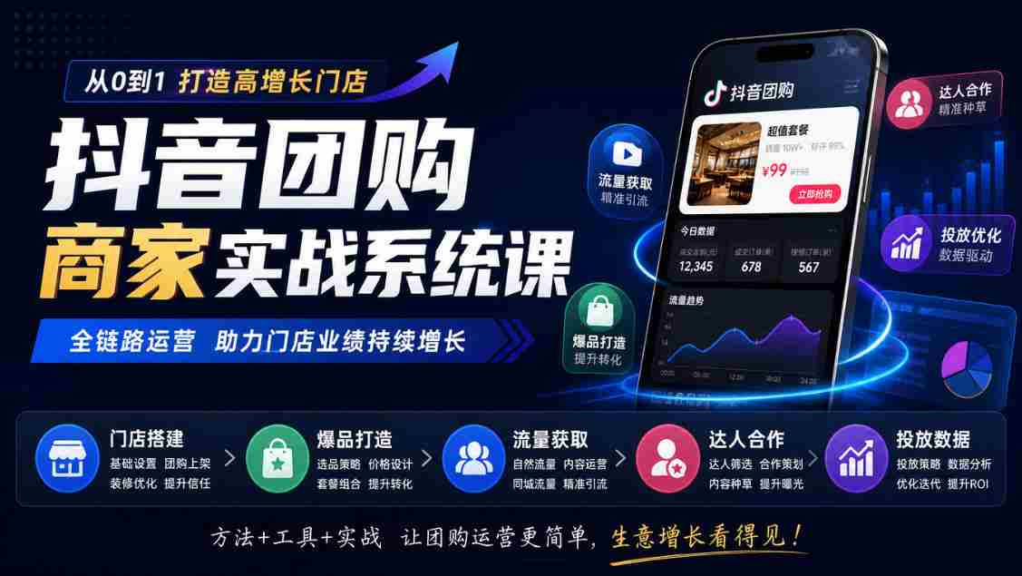 抖音团购商家实战系统课｜门店搭建、爆品打造、流量获取、达人合作、投放数据全链路运营