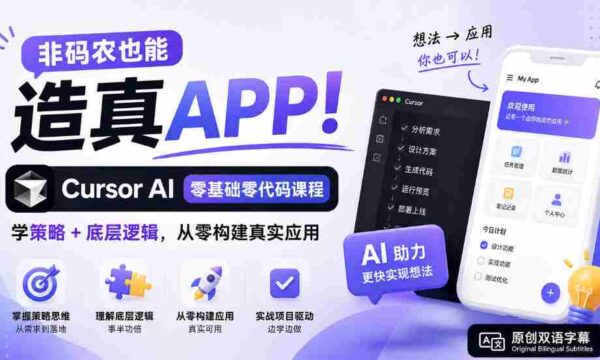 非码农也能造真APP！Cursor AI零基础零代码课程：学策略+底层逻辑，从零构建真实应用【原创双语字幕】