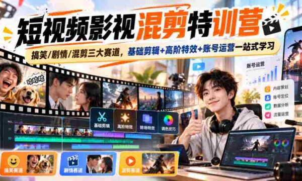 影视混剪达人速成班：笑料百出/剧情跌宕/混剪高手争霸，从基础剪辑到高级特效，再到账号运营，全方位一站式掌握