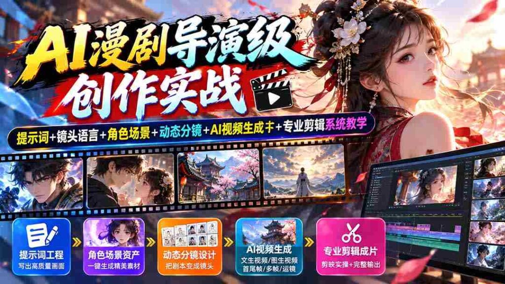 AI漫剧导演级创作实战：提示词+镜头语言+角色场景+动态分镜+AI视频生成+专业剪辑系统教学