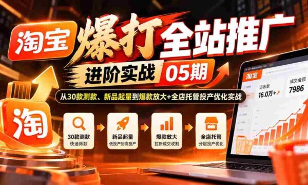 揭秘淘宝全站推广高阶秘籍：深入剖析30款测款策略，新品销量激增，爆款放大与全店托管投产优化实战技巧