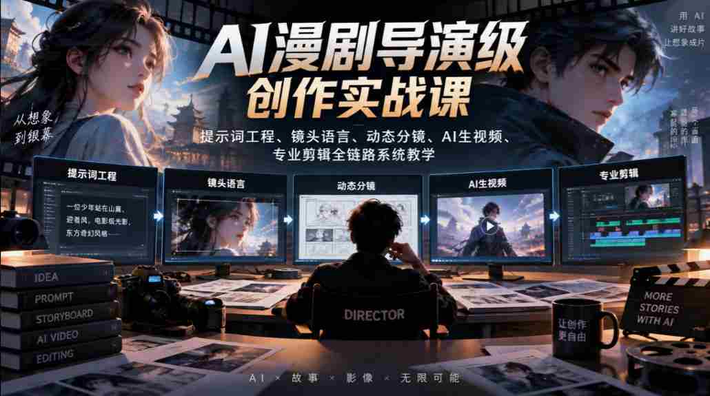 AI漫剧导演级创作实战课｜提示词工程、镜头语言、动态分镜、AI生视频、专业剪辑全链路系统教学