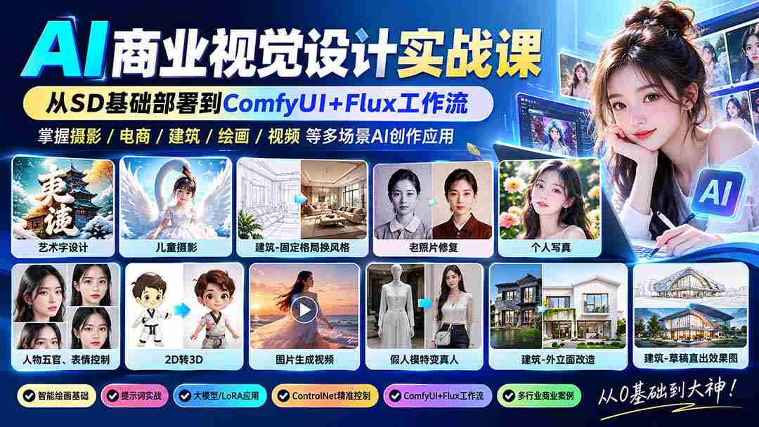 零水印】AI商业视觉设计实操教学：从SD核心部署至ComfyUI+Flux流程，解锁摄影、电商、建筑AI创作秘籍